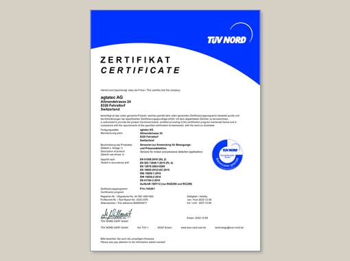TÜV Zertifikat Record Sensoren zur Anwendung für Bewegungs- und Präsenzdetektion