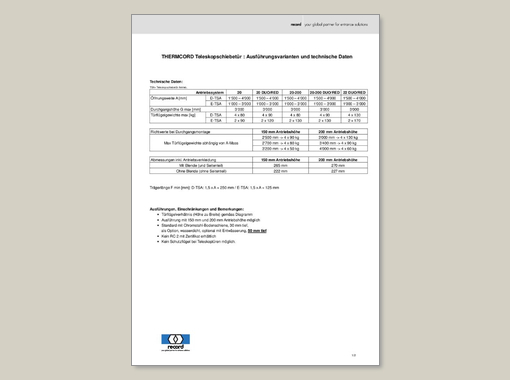 Technisches Datenblatt für Thermcord Teleskoptüre