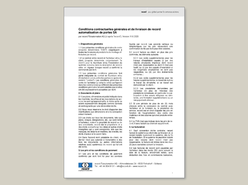 Conditions contractuelles générales et de livraison de record automatisation de portes SA